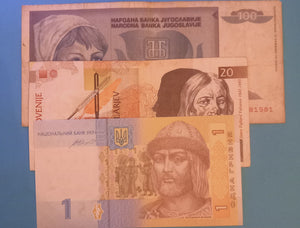 3 Banknoten aus Ukraine, Slowenien,Jugoslawien