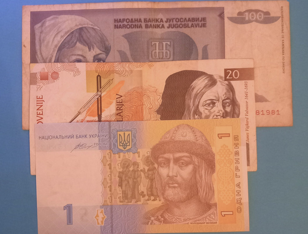 3 Banknoten aus Ukraine, Slowenien,Jugoslawien