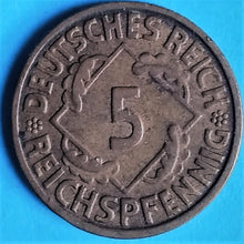Laden Sie das Bild in den Galerie-Viewer, Weimarer Republik 5 Reichspfennig Rentenpfennig zufällig
